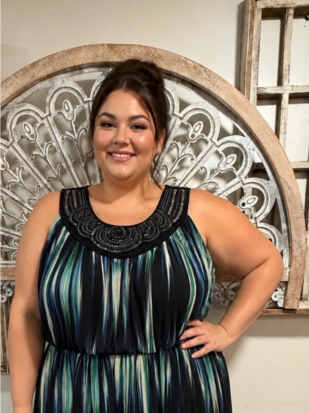 Sami & Jo Black Maxi Dress with Blue & Green Stripe Detail
